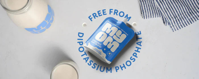 MYOM oat milk pouch on white surface with text 'Free from dipotassium phosphate'