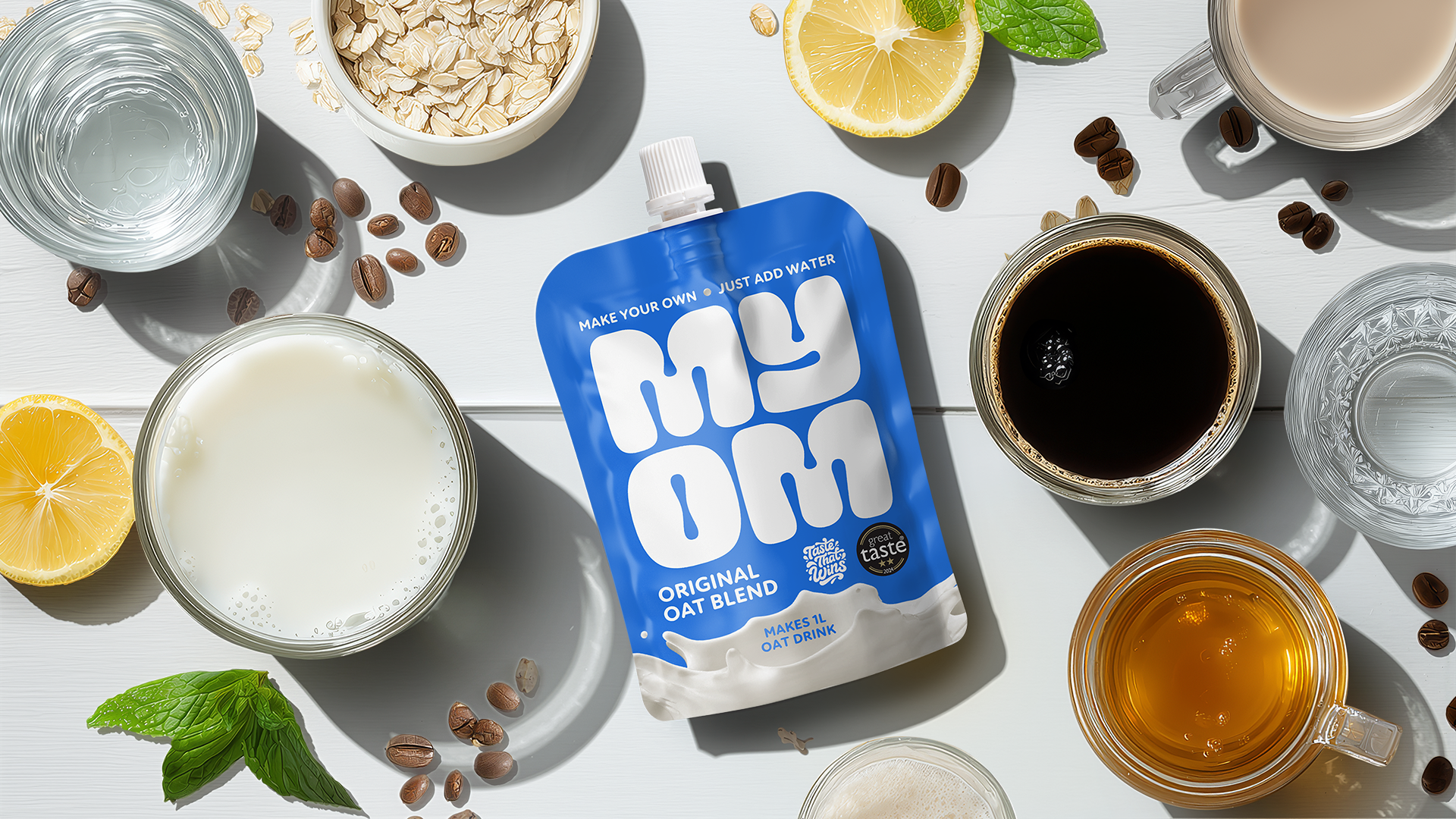 Selection of low-calorie drinks including water, black coffee, tea and oat milk, suitable for a GLP-1 diet.