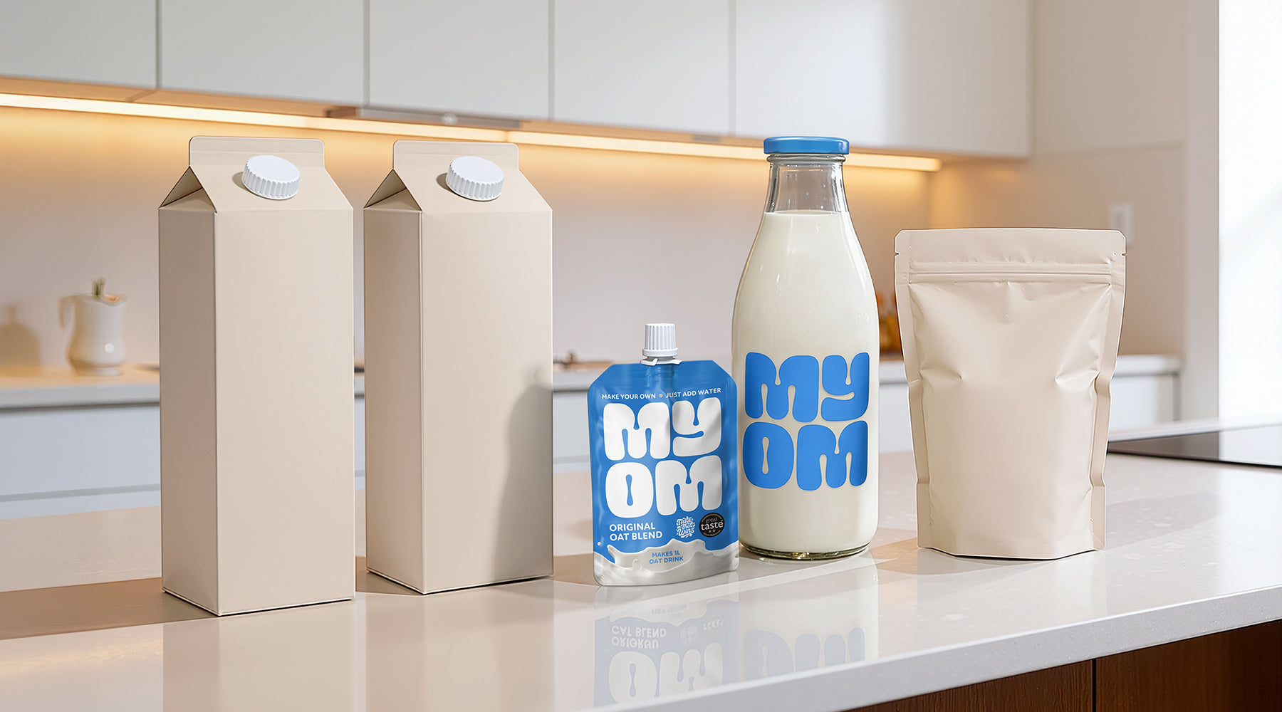MYOM oat drink premix pouch and bottle on a kitchen counter next to generic oat drink cartons and powder, showing the three oat milk formats compared in the ingredient list analysis