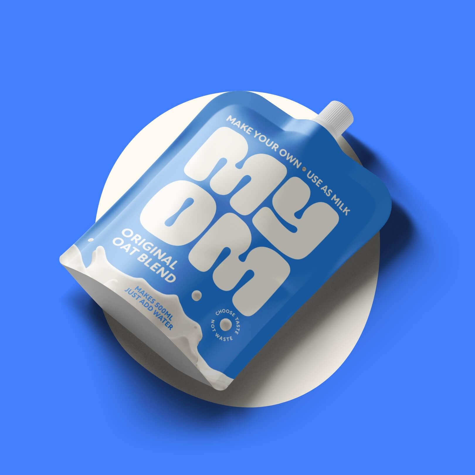 MYOM 65g oat drink pouch on a blue background