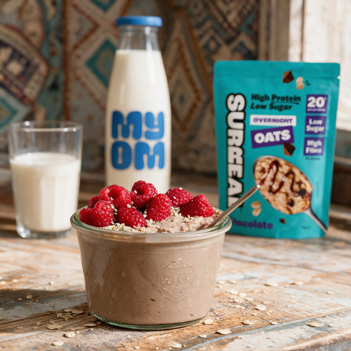 Surreal Chocolate Overnight Oats made with MYOM Original oat drink in a jar with fresh raspberries and chia seeds, a low sugar high protein breakfast bowl.