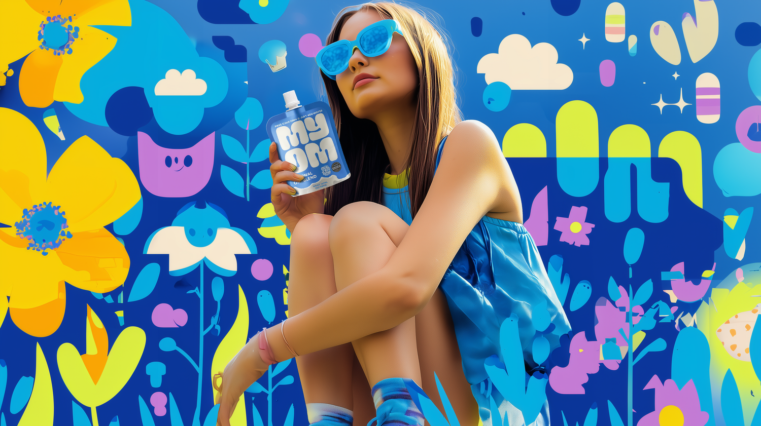 Close-up portrait of an eerie lady sitting on a blue sofa holding a bottle of MYOM created for a Halloween campaign and written about in a blog post discussing sustainability, creativity and innovation through Ai