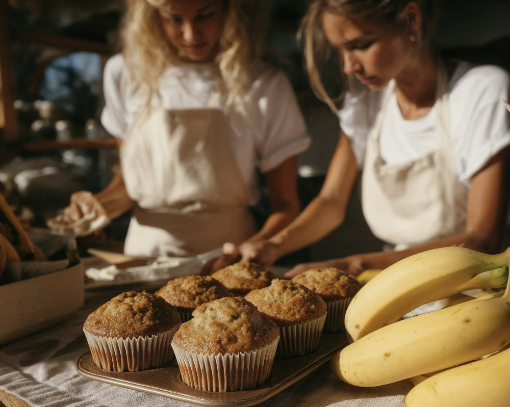 Fluffy Vegan Banana Muffins, Made with MYOM Oat Milk