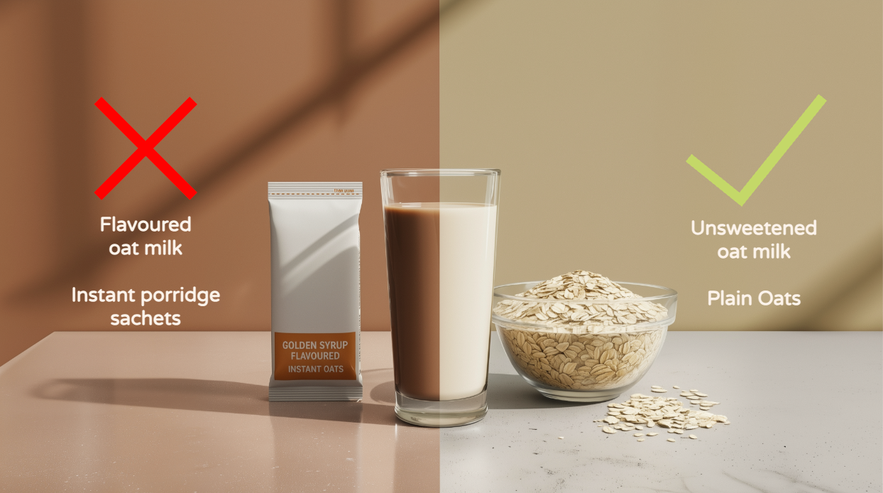 Infographic comparing healthy oats and oat milk with less healthy flavoured oat milk and instant porridge sachets, illustrating UK junk food ad ban rules.