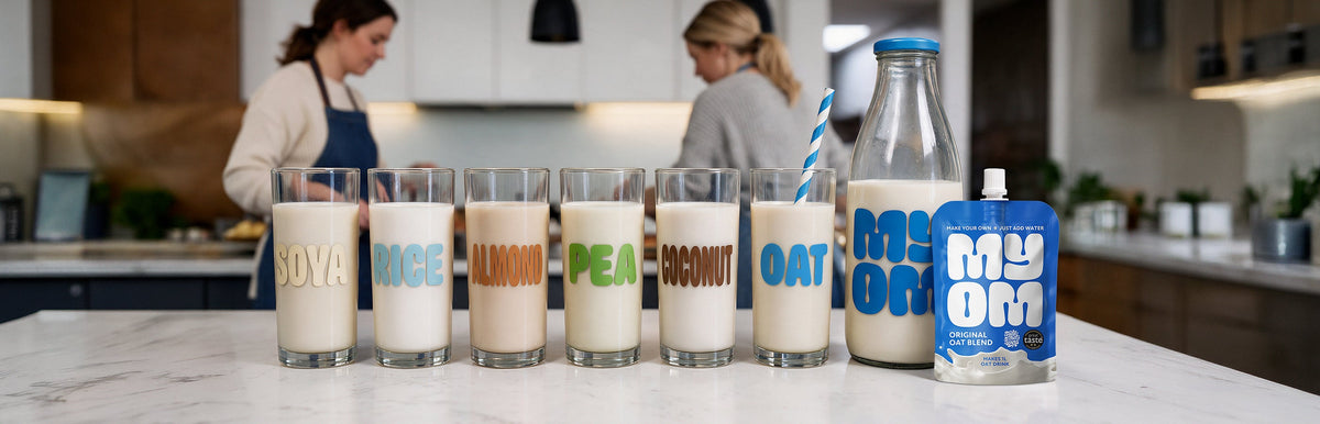 Six types of plant-based milk side by side, soya, oat, almond, pea, coconut and rice, with a MYOM Original Oat pouch and glass bottle of freshly made oat drink.