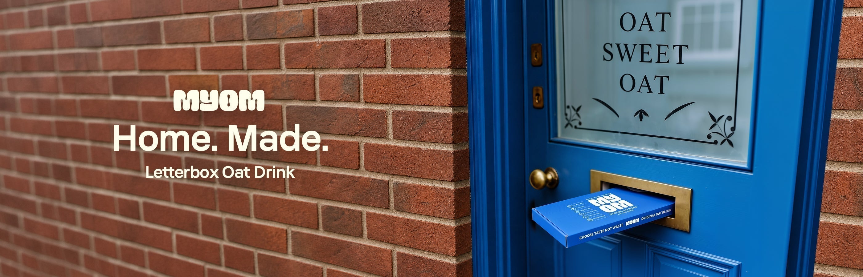  MYOM Original Oat Anywhere 6 Pack posting through a blue front-door letterbox — Home. Made. Letterbox Oat Drink