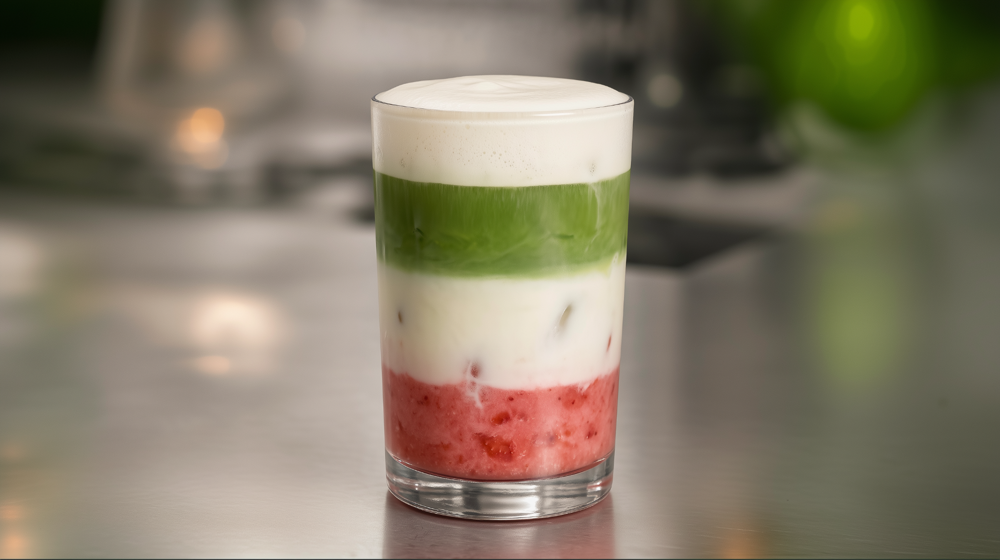 Four-layer strawberry matcha drink with cold foam in a tall glass. Muddled strawberries at the base, a band of white MYOM Barista Oat above, a vivid green matcha middle layer, and a glossy cold foam crown on top.