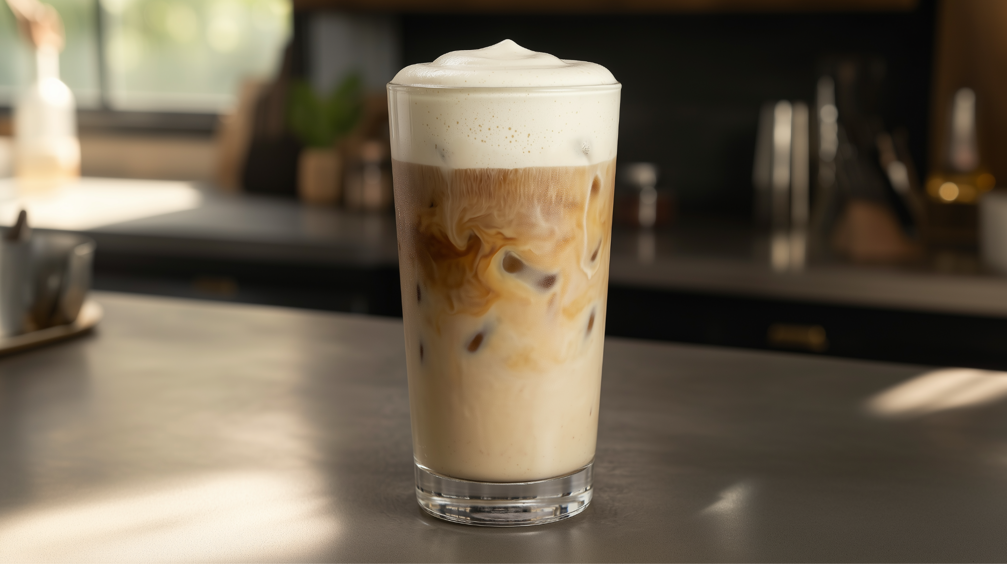 Tall glass of vanilla cold foam iced latte on a kitchen counter. Espresso swirling through cold MYOM Barista oat milk over ice, finished with a thick, glossy cold foam crown peaked just off-centre. Warm side-light from the right.