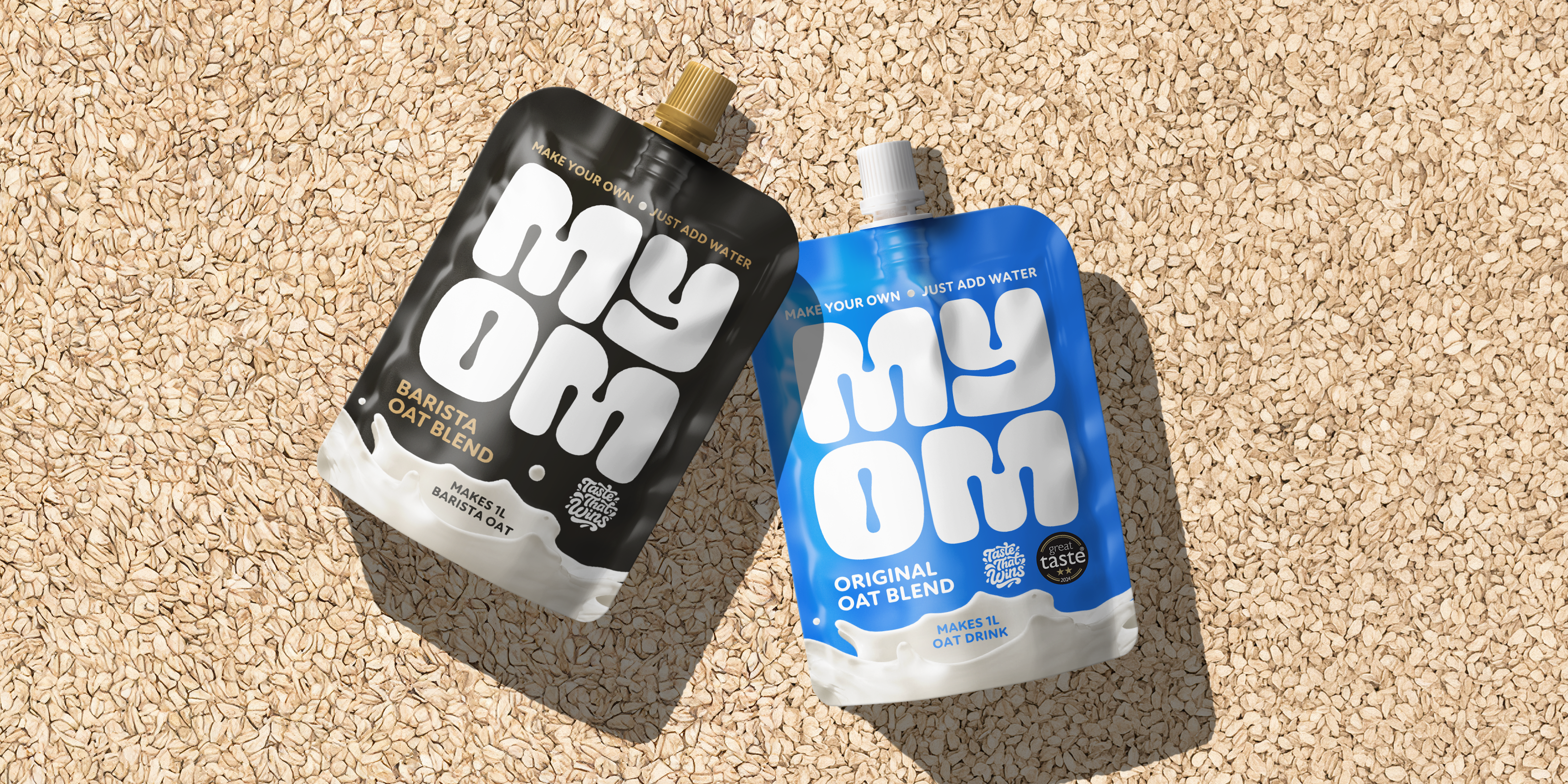 MYOM Original and Barista oat milk premix pouches made without alcohol, dairy or animal products on a background of natural oats.