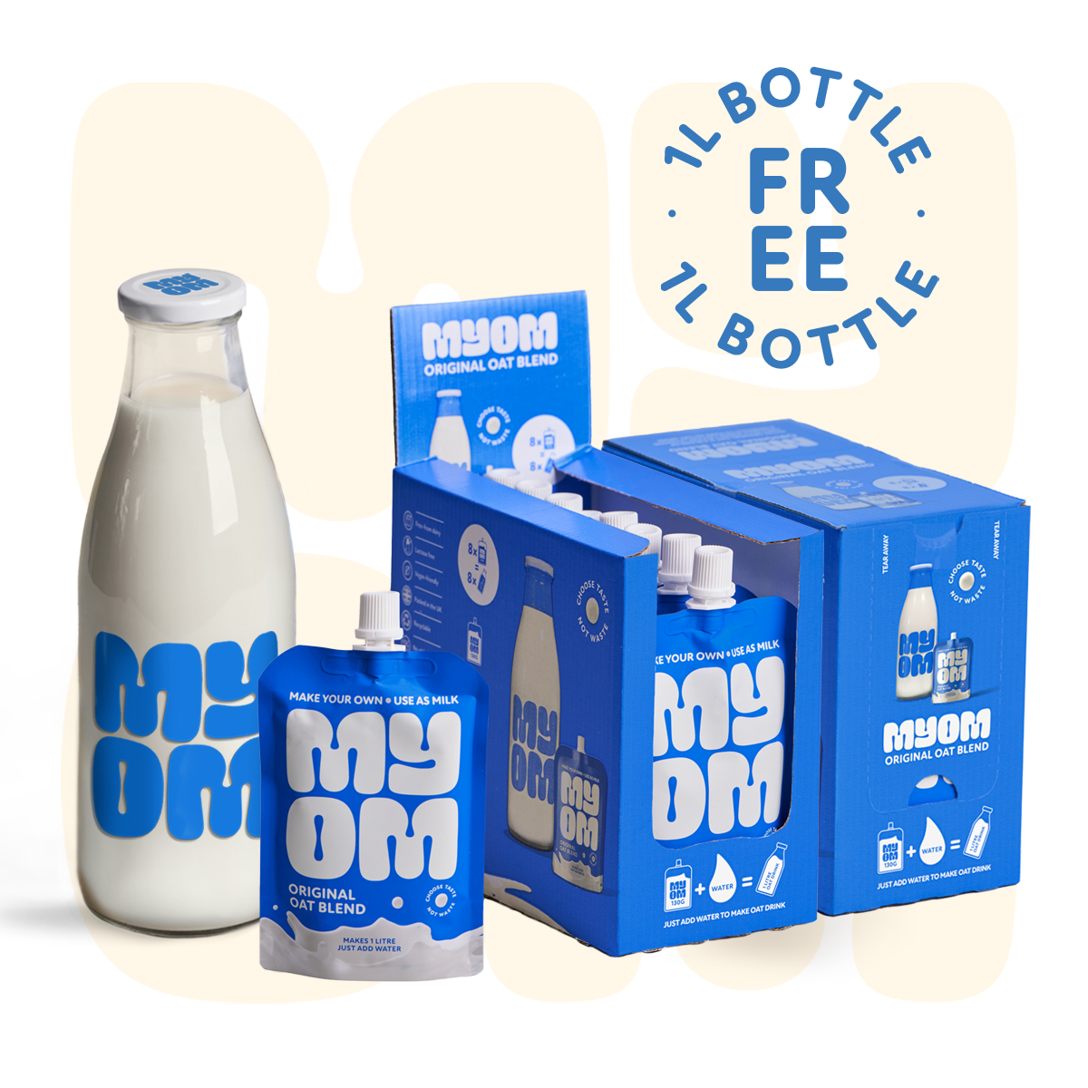 MYOM 1l BIG VALUE Bundle - x2 (8x130g) Packs Plus FREE 1l Glass Bottle & FREE Delivery