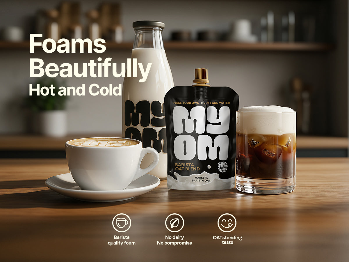 MYOM Barista Oat pouch and glass bottle with a hot cappuccino and iced coffee, showing silky foam for hot and cold drinks