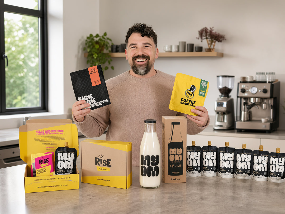 MYOM Barista Oat Everyday Bundle with Barista pouches and 1L glass bottle, promoting the exclusive £8 RISE subscriber offer