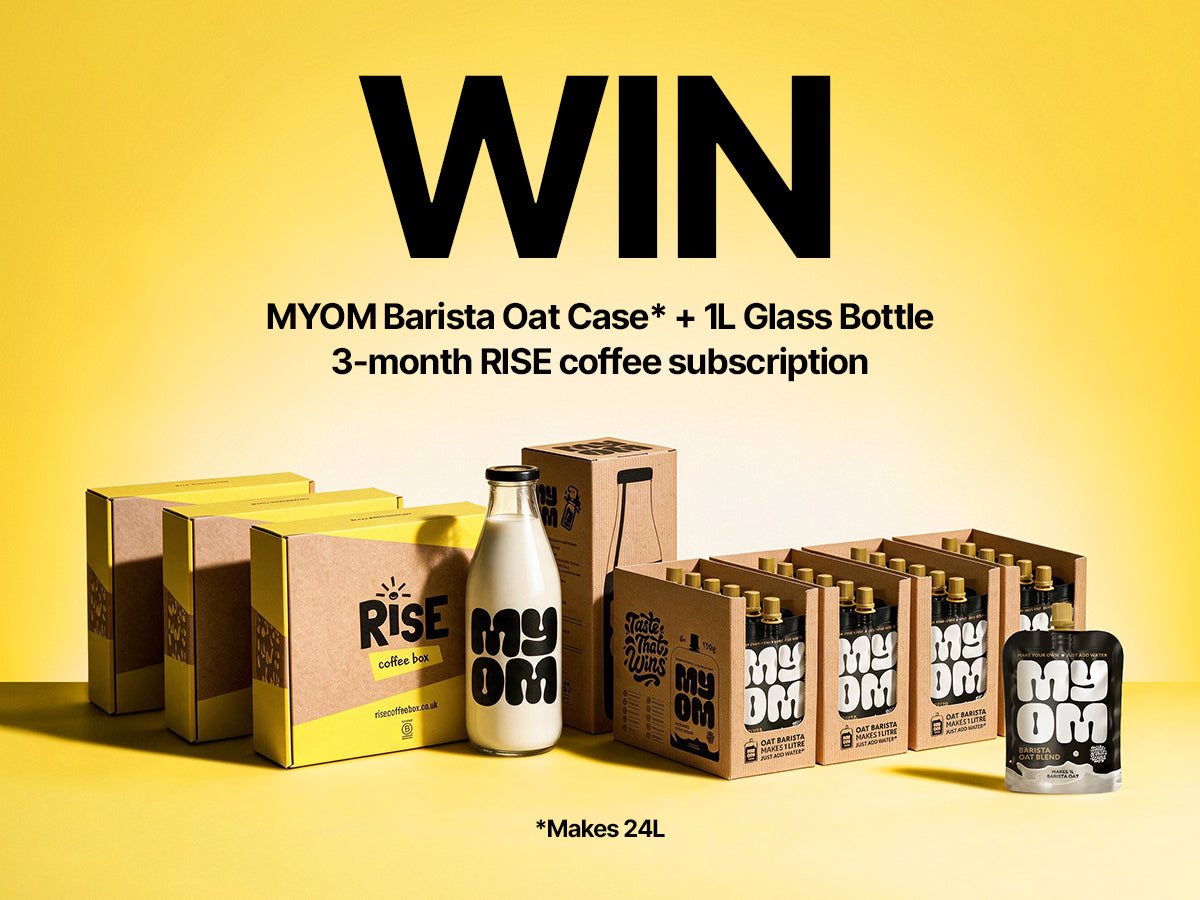 RISE Coffee Box subscription, MYOM Barista Oat pouches and MYOM glass bottle arranged as the September competition prize