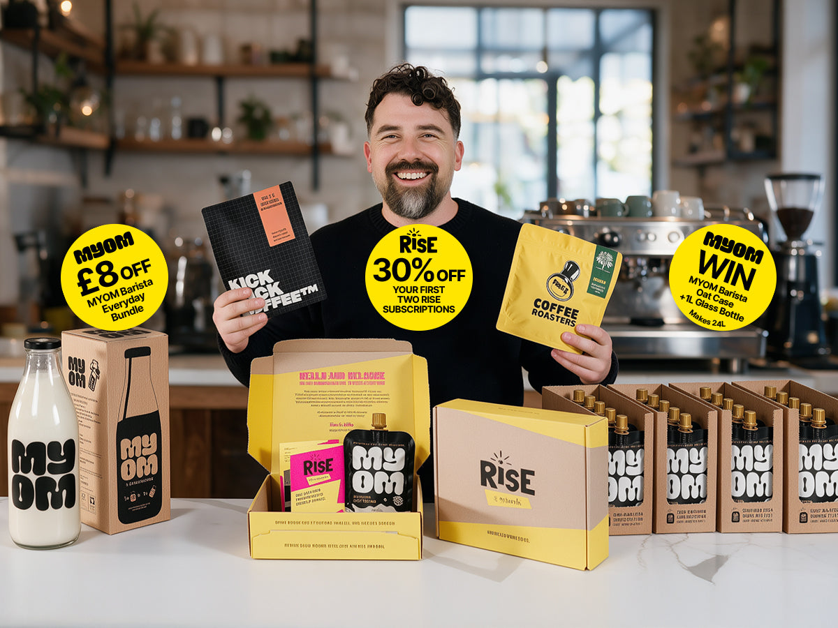 MYOM Barista oat milk as hot cappuccino microfoam and iced cold brew; founder with the RISE box and MYOM lineup