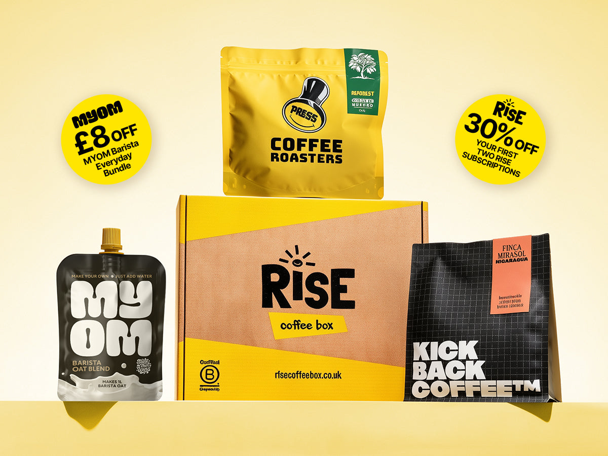 RISE Coffee Box with speciality coffee bags and MYOM Barista Oat, promoting 30% off the first two RISE subscription boxes