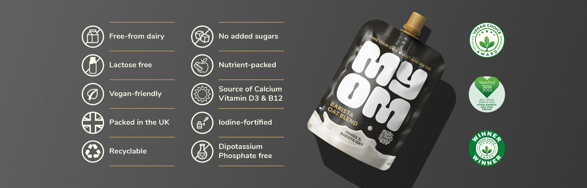 MYOM Barista oat milk premix pouch with benefit icons — dairy-free, lactose-free, vegan-friendly, no added sugars, iodine-fortified and dipotassium phosphate free
