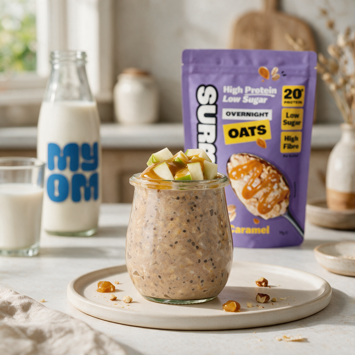 Surreal Salted Caramel Overnight Oats made with MYOM Original oat drink topped with plant-based yoghurt, a low fat low sugar breakfast.