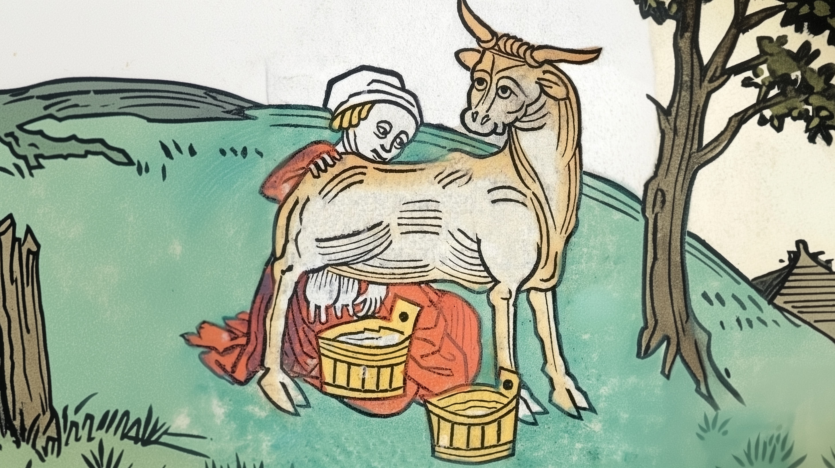 Medieval illustration of a woman hand-milking a cow into wooden pails – a tradition largely unchanged for centuries until now.