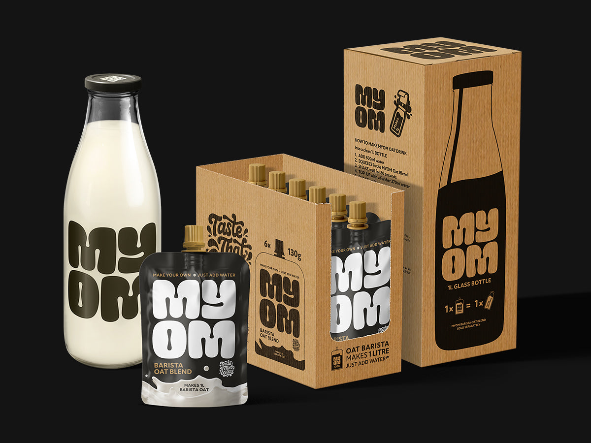 MYOM Barista Oat Everyday Bundle — 1L glass bottle of fresh oat drink, a 130g Barista pouch and the six-pouch box
