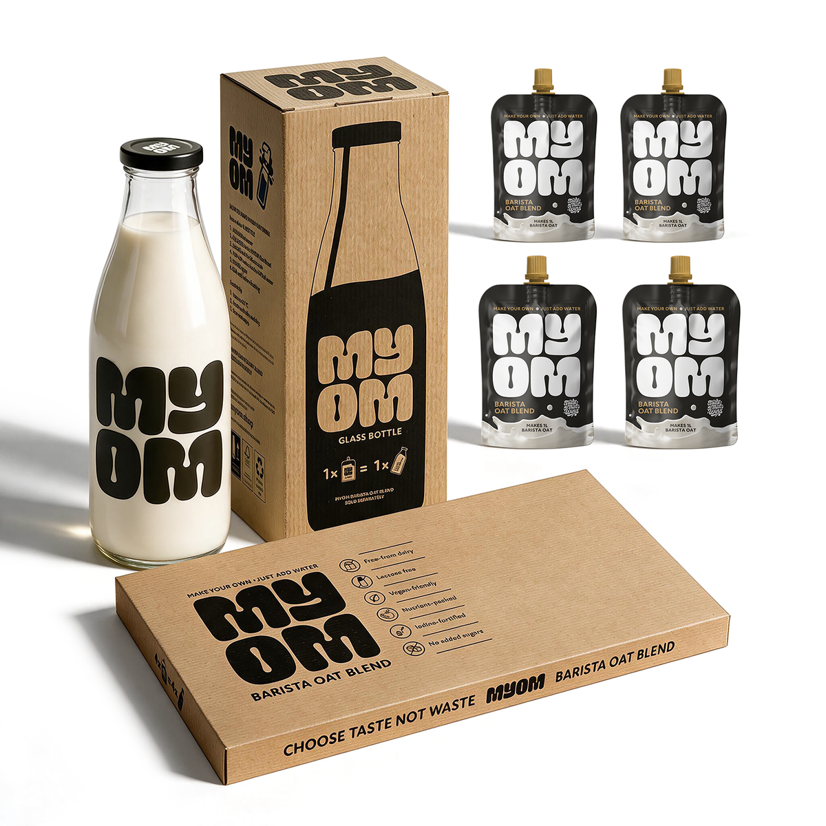 MYOM Barista oat milk-free premix starter bundle: four 130g pouches and a reusable large glass milk bottle with postal box