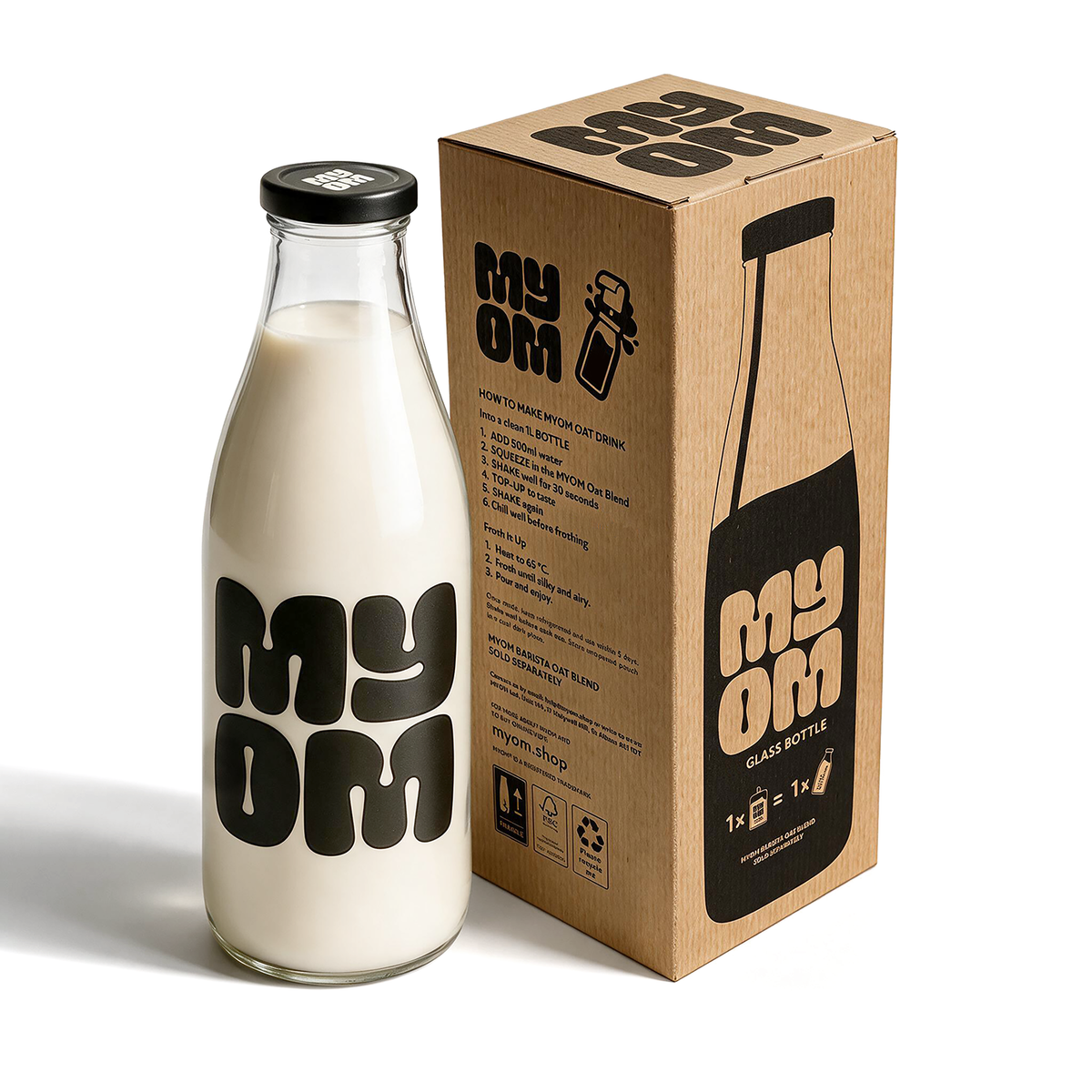 MYOM large reusable Barista glass milk bottle with screw-top lid, shown with its kraft box on a white background