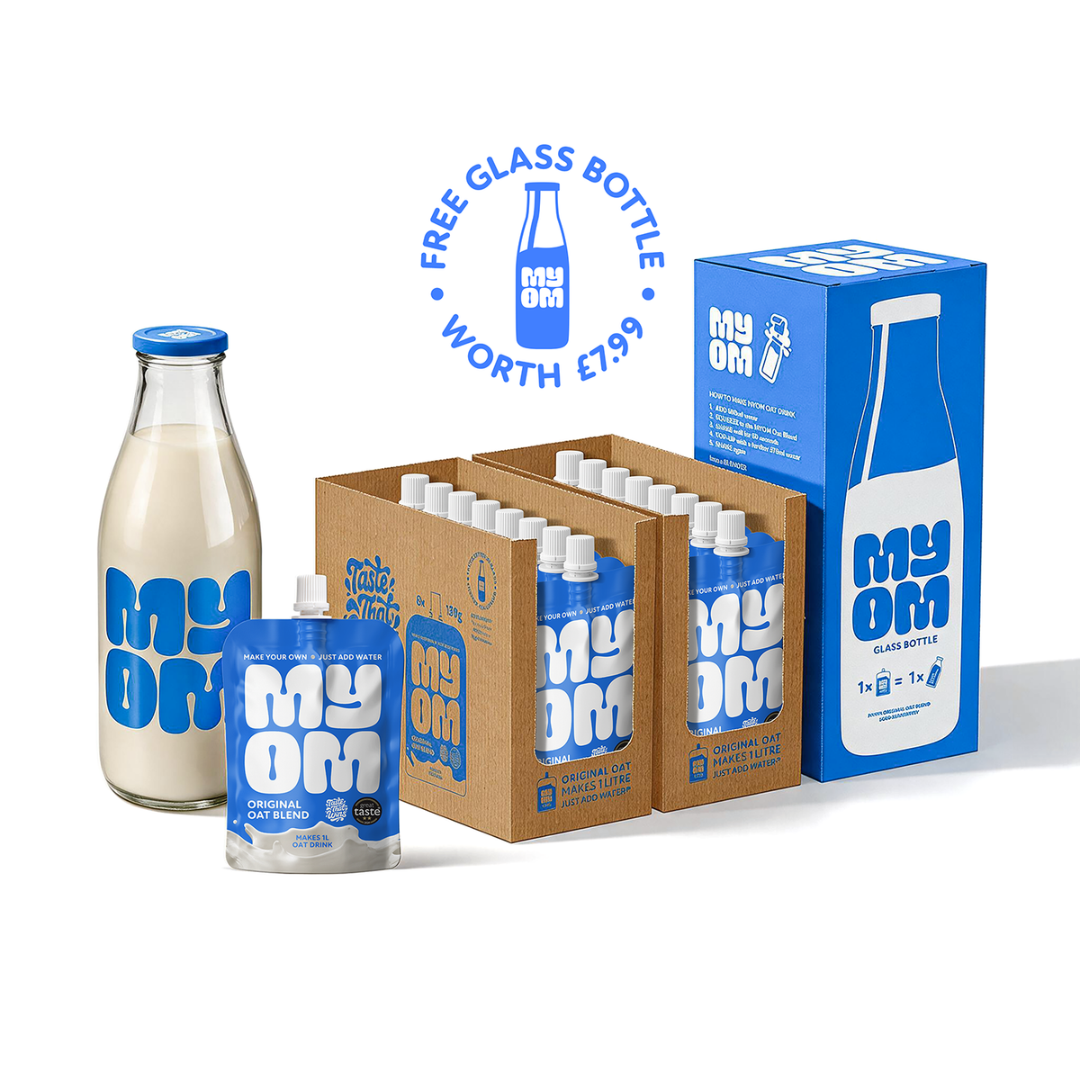 MYOM Original big value bundle: 16 x 130g oat drink premix pouches with a free large glass milk bottle, in kraft box