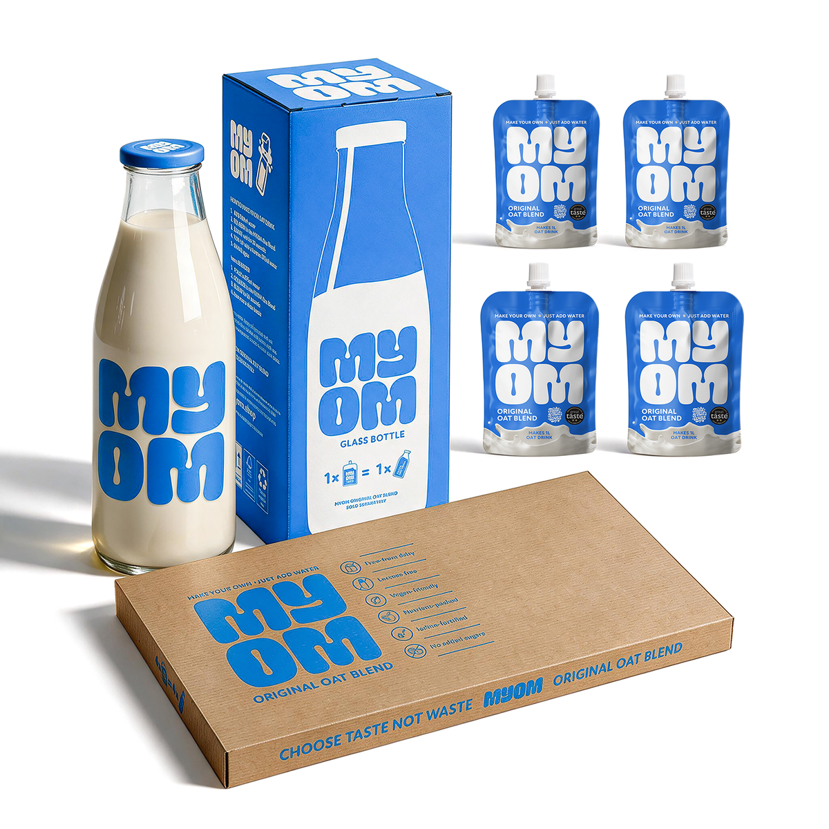 MYOM Original oat milk-free premix starter bundle: four 130g pouches and a reusable large glass milk bottle with postal box
