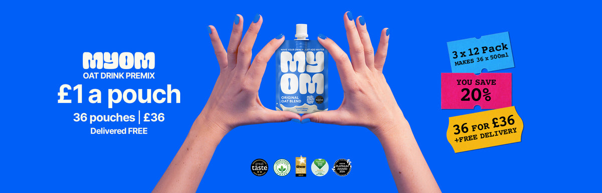 MYOM Original Oat Blend pouch held between two hands. £1 a pouch: 36 pouches for £36, 3 x 12 pack, you save 20%, delivered free. Award logos below.