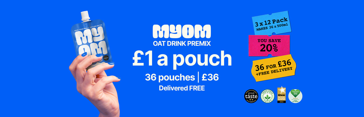 MYOM Original Oat Drink Premix £1 a pouch offer showing 36 pouches for £36 with free delivery and product award badges.