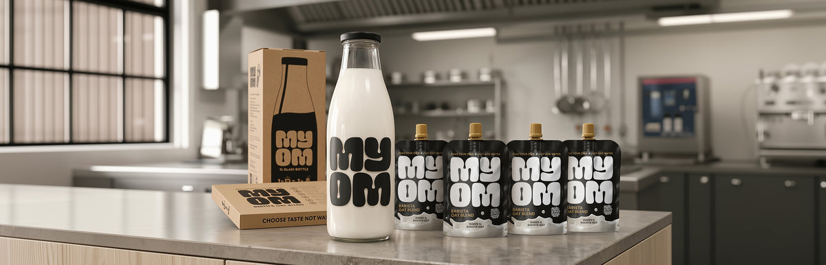 MYOM Barista oat milk premix Starter Bundle — four 130g pouches and a reusable 1L glass bottle