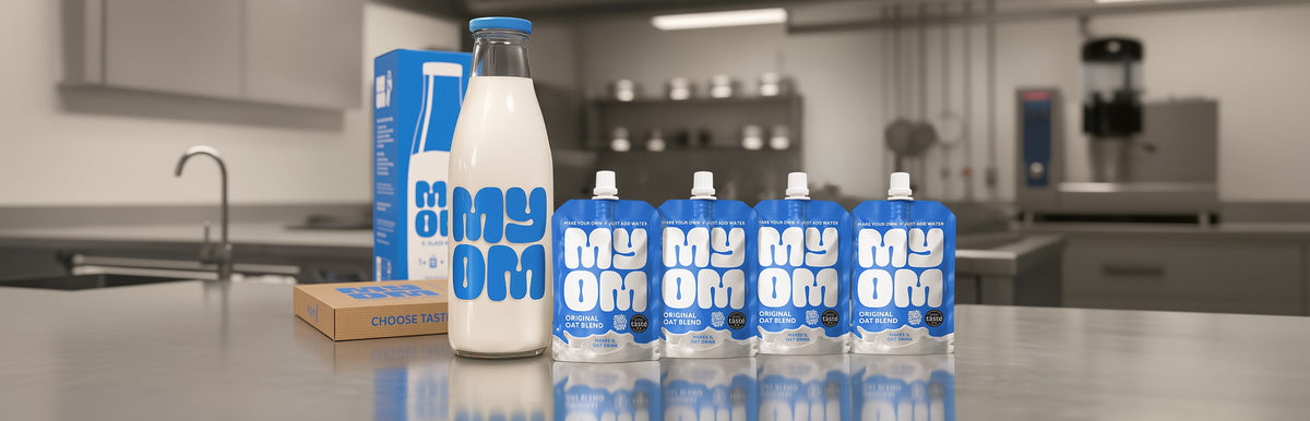 MYOM Original oat milk premix Starter Bundle — four 130g pouches and a reusable 1L glass bottle