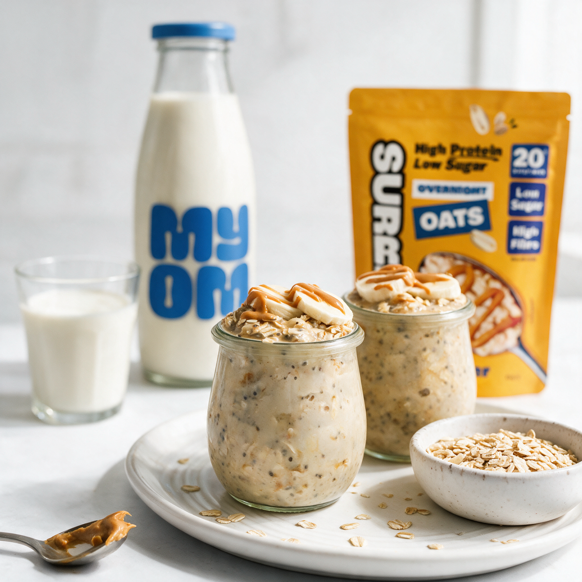 Surreal Peanut Butter Overnight Oats made with MYOM Original oat drink topped with sliced banana, a high protein high fibre breakfast.