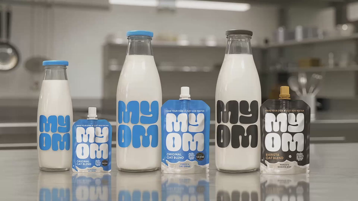 MYOM liquid oat drink premix pouch, glass bottle and a fresh glass of oat drink