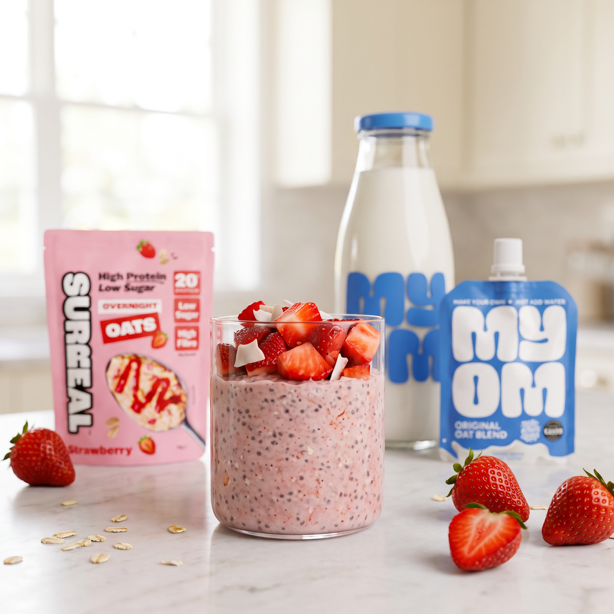 Surreal Strawberry Overnight Oats made with MYOM Original oat drink with fresh strawberries, a low sugar breakfast that tastes like strawberries and cream.